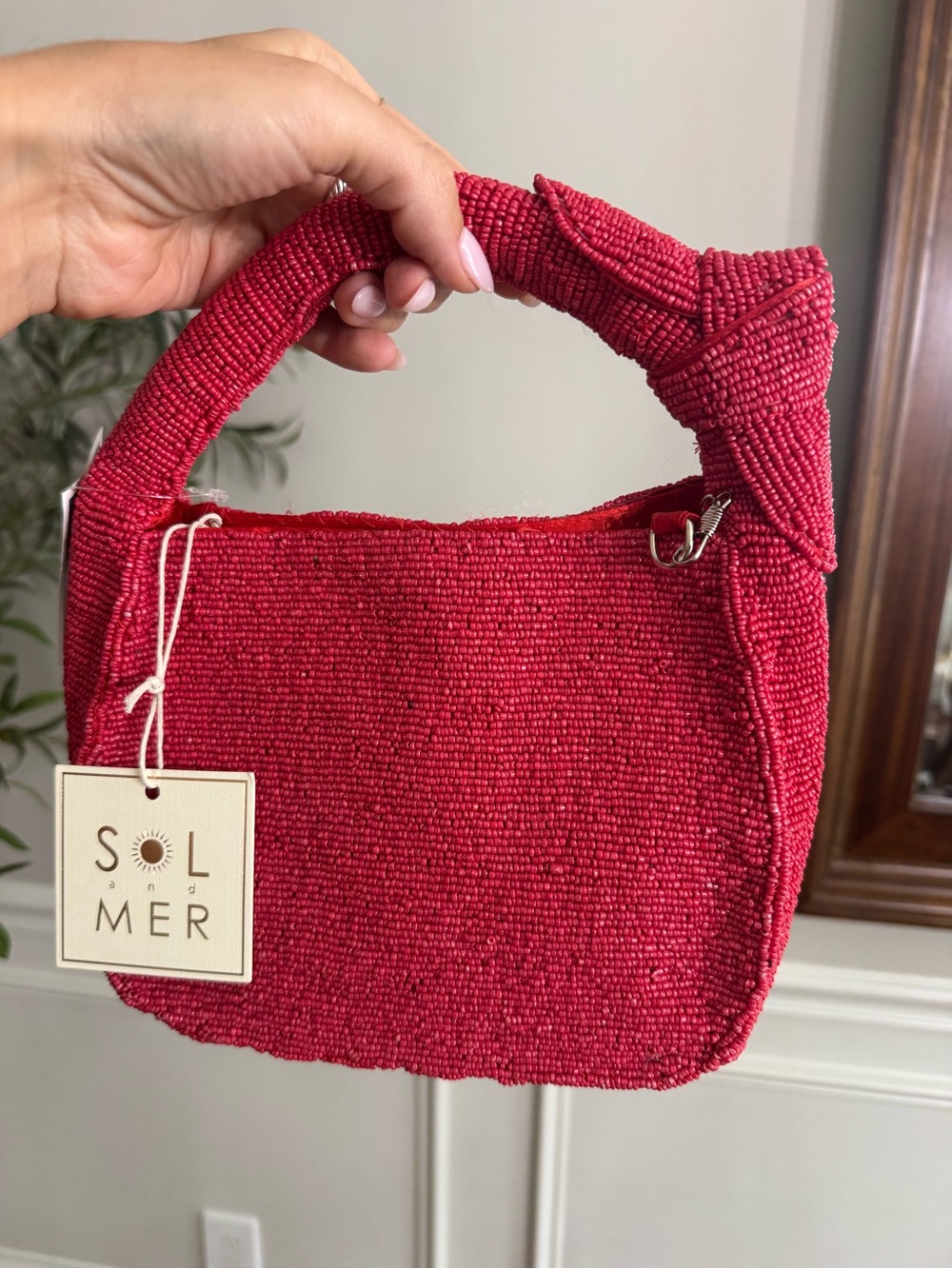 Beaded Red & White Picnic Checkered Handbag - Picture 4 of 5